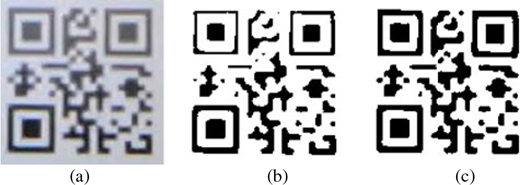 A three-panel figure, a through c, illustrating the sequential image processing of a QR code, showing its transition from a blurry captured image to a cleaned and corrected symbol.