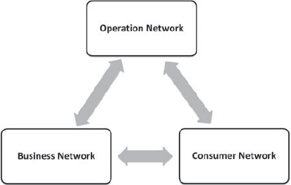A triangular network diagram showing Operation Network linked to Business Network and Consumer Network with bidirectional arrows.