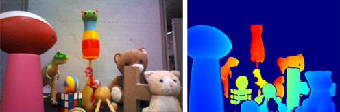 A pair of side-by-side images captured by an Intel RealSense camera the left is a standard color photograph of several toys, and the right is a color-coded depth map showing distance.