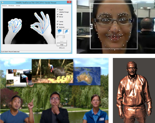 A montage of four 3D computer vision examples 3D hand skeleton tracking, face detection with tracking points, 3D background segmentation, and a 3D scan reconstruction of a person.