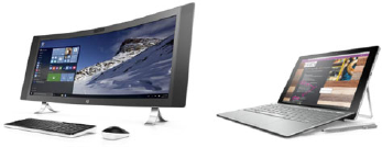 An all-in-one curved desktop computer on the left and a 2-in-1 laptop device on the right, both representing commercial computers that have Intel RealSense technology embedded within them.