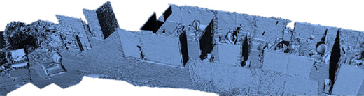 A blue, monochromatic 3D point cloud reconstruction of an indoor office workspace, showcasing the capability of mobile devices equipped with RealSense technology to map 3D spaces and objects in real-time.