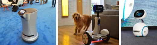The image displays three autonomous robots that utilize RealSense technology a Savioke hotel butler robot on the left, a Ninebot personal transporter robot in the center, and an Asus home assistant robot.