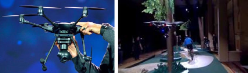 A Yuneec Typhoon H drone with integrated RealSense technology, shown both close-up and demonstrating automatic collision avoidance while following a person biking through trees.