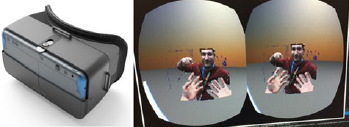 A mixed-reality headset is shown on the left, while the right displays the users view, incorporating their hands and another person into a virtual environment to enable interaction and obstacle avoidance.