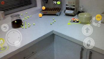 A virtual race car driven on a real kitchen table, demonstrating how RealSense technology augments the physical world with 3D objects that can interact with and collide into real-world items.