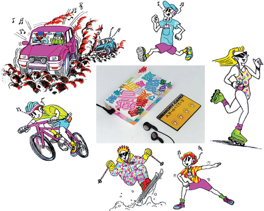 A collage showing a car, runners, a cyclist, skaters, and a central electronic device with colorful icons.