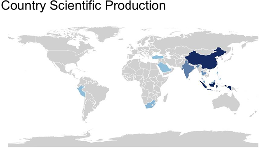 A world map highlighting countries with scientific production.