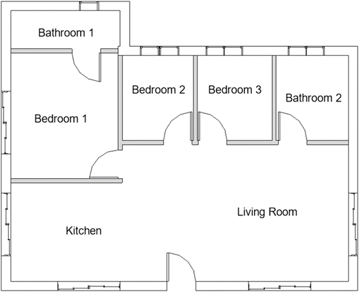 Floor plan of a general affordable 3-bedroom house Refer to the image caption for details.
