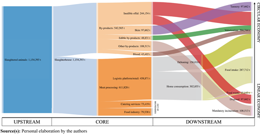 Sankey diagram for the Italian beef meat flow (t/2020) Refer to the image caption for details.