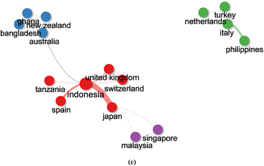 A network diagram in three sections shows clusters of authors, institutions, and countries with connections.
