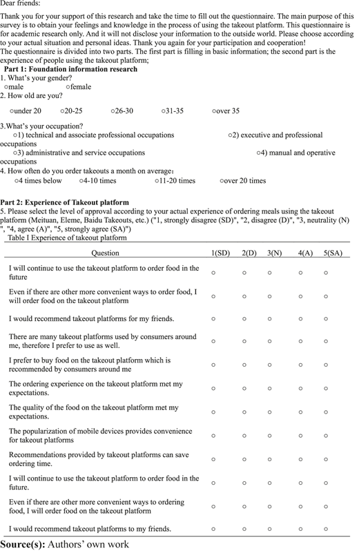 A figure showing a two-part questionnaire and a table labeled Experience of takeout platform.