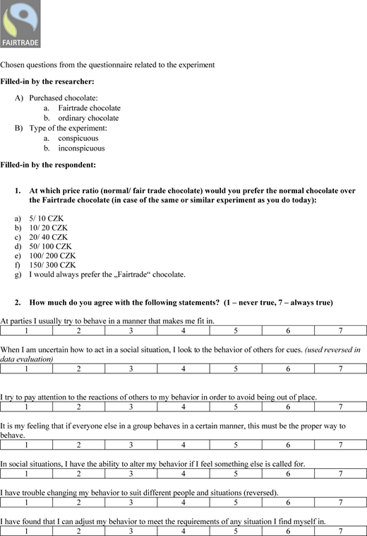 A figure shows a questionnaire on Fairtrade chocolate and self-monitoring.