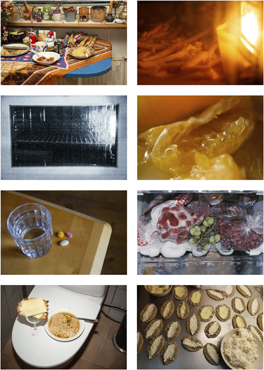 Six photos of preparing a meal, from ingredients to baking.