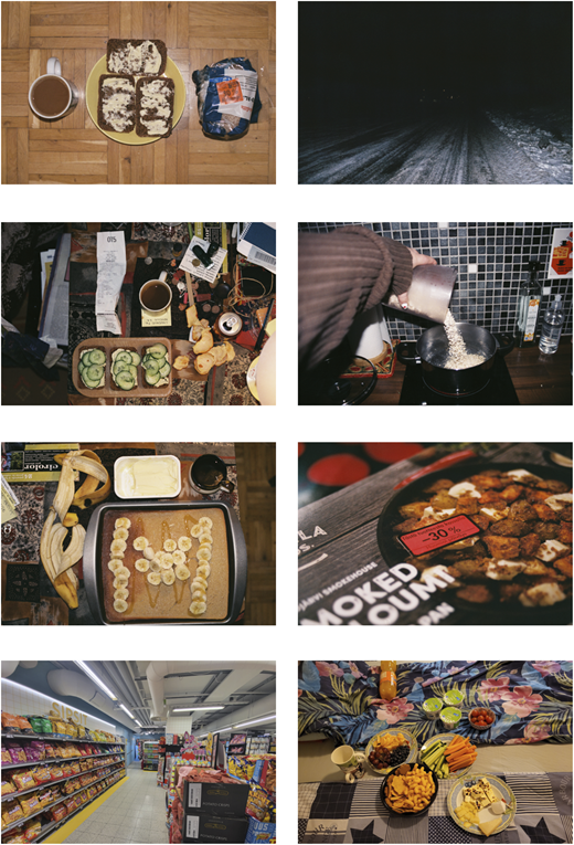 A collage of eight images featuring food, cooking, and everyday scenes.