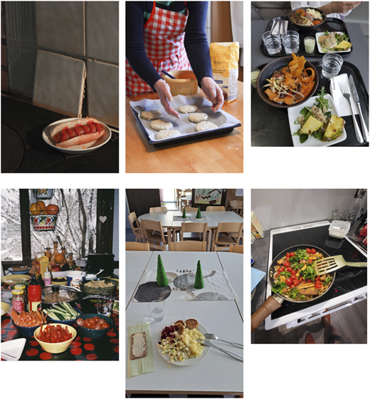 Six images showing various aspects of food preparation and presentation.