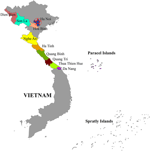 A map shows Vietnam with highlighted northern and central provinces and island groups.