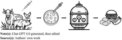 A four-stage flowchart depicting the process of producing cultivated meat from animals to final food products.