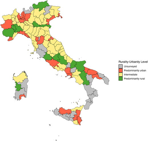 A political map of urbanization levels across Italian provinces.