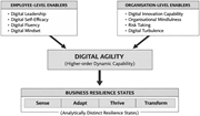 A conceptual framework diagram illustrating the relationship between employee-level and organizational-level enablers, digital agility, and business resilience states.