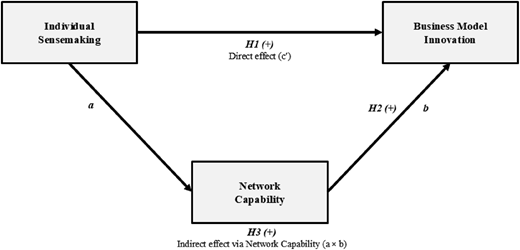 A conceptual model diagram illustrating the relationships between individual sensemaking, network capability, and business model innovation.