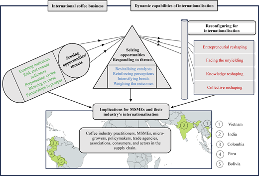 A conceptual flow diagram shows international coffee business dynamics, reconfiguring strategies, and global implications.