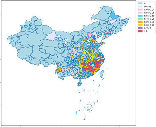 A choropleth map shows regions of China shaded by numeric ranges using a multi-color legend from light blue to red.