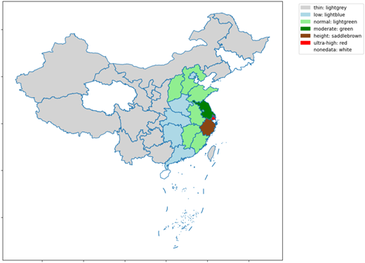 A thematic map shows China’s provinces color coded by intensity levels with a legend indicating seven categories.