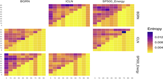 A heat map shows pairwise entropy dependence among B G R N, I C L N, and S P 500 Energy across quantiles.