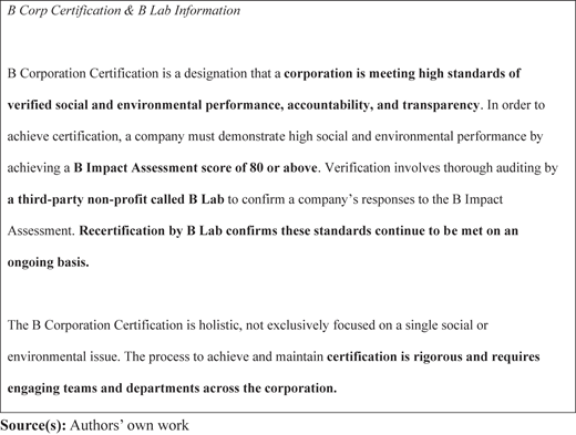 An informational text explains B Corporation Certification and B Lab Information.