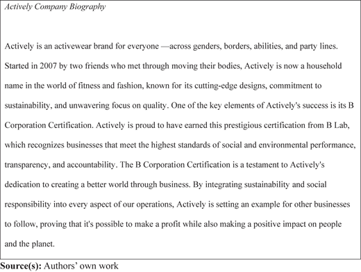 A company biography describes Actively's mission, history, and B Corporation Certification.