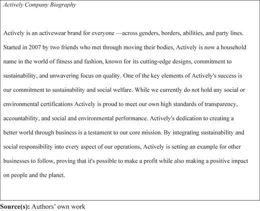 A company biography describes the stimulus control group and Actively's focus on sustainability, ethics, and performance.