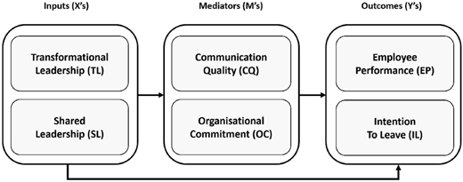A conceptual model shows leadership inputs influencing mediators and employee outcomes with direct and indirect paths.