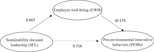 A latent variable model shows relationships between sustainability-focused leadership, employee well-being, and behaviors.