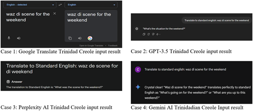 A table comparing translation results for Trinidad English Creole input.
