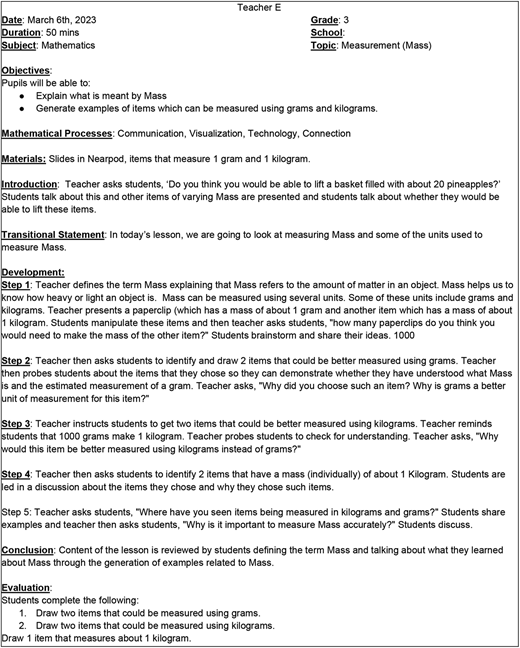 A table outlining a mathematics lesson plan on the topic of measurement of mass for third-grade students.