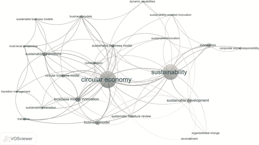 A network map shows keyword relationships centred on circular economy and sustainability, with multiple connected concepts.