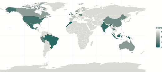 A world map highlights countries with scores, with darker shades showing higher values.