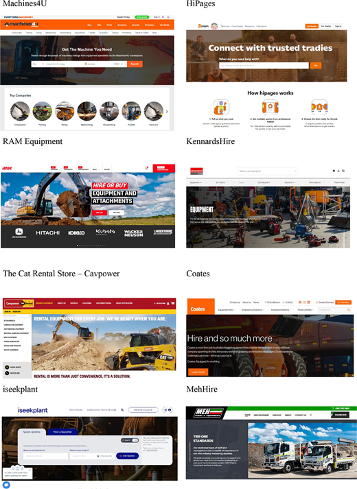 A collage shows eight construction and equipment rental websites, each highlighting tools, services, or supplier connections.
