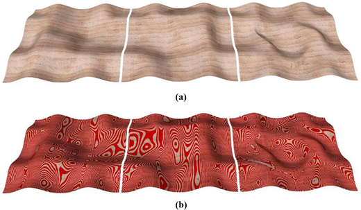 Comparison of surface textures on two mould bases, showing deformation in upper and pattern simulation in lower examples.