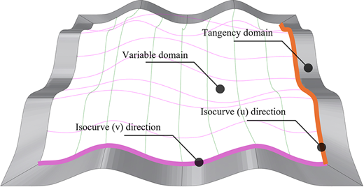 A wavy surface model with marked domains and curves showing geometric directions and relationships.