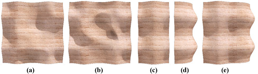 Five images showing a textured surface with varying shapes and depths, labelled a to e, illustrating changes in form and structure.