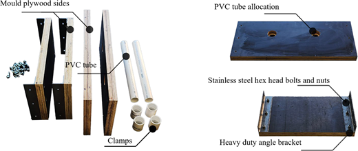 Components and assembly parts of a mould box showing plywood sides, polyvinyl chloride tubes, clamps, and metal fasteners.