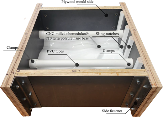 Assembled mould box showing interior structure with polyvinyl chloride tubes, clamps, and sling notches.