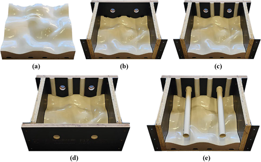 Images depict a series of structures showing varying configurations of a molded base, each with different pipe placements and design features.