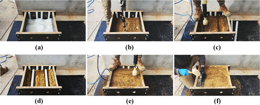 A sequence of six images showing the process of filling a box with material, including pouring, mixing, and leveling techniques.
