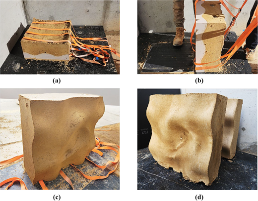 Steps showing the removal and outcome of a rammed earth block after initial drying and demoulding.