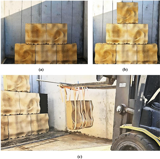 Three images showing stacks of construction blocks and a forklift lifting one block with straps in a semi-shaded setting.