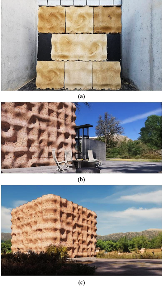 Three images illustrating a textured wall block system and its architectural applications. The first displays a wall with various textured rammed earth blocks, while the second and third show visualizations of building designs incorporating these blocks–one featuring a facade with a textured gradient and outdoor seating, and the other a cube-like building with a distinctive design in a natural setting.