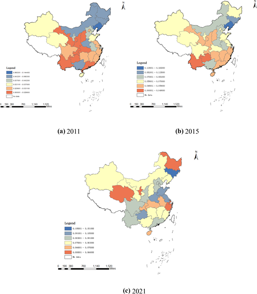 Three choropleth maps of China show indexed values by province for the years twenty eleven, twenty fifteen, and twenty twenty one, each with a legend and scale bar.